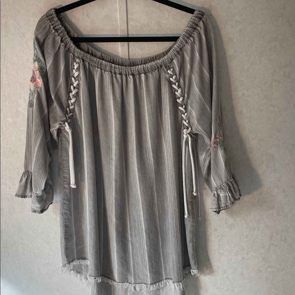 Standard Grace Off-Shoulder Gray Striped Tunic Top with Floral Embroidery